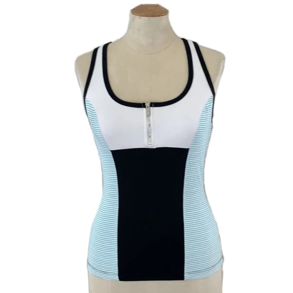 BEBE Capri blue colour blocked athletic tank, bralette, zip front & lace up back - Picture 1 of 14